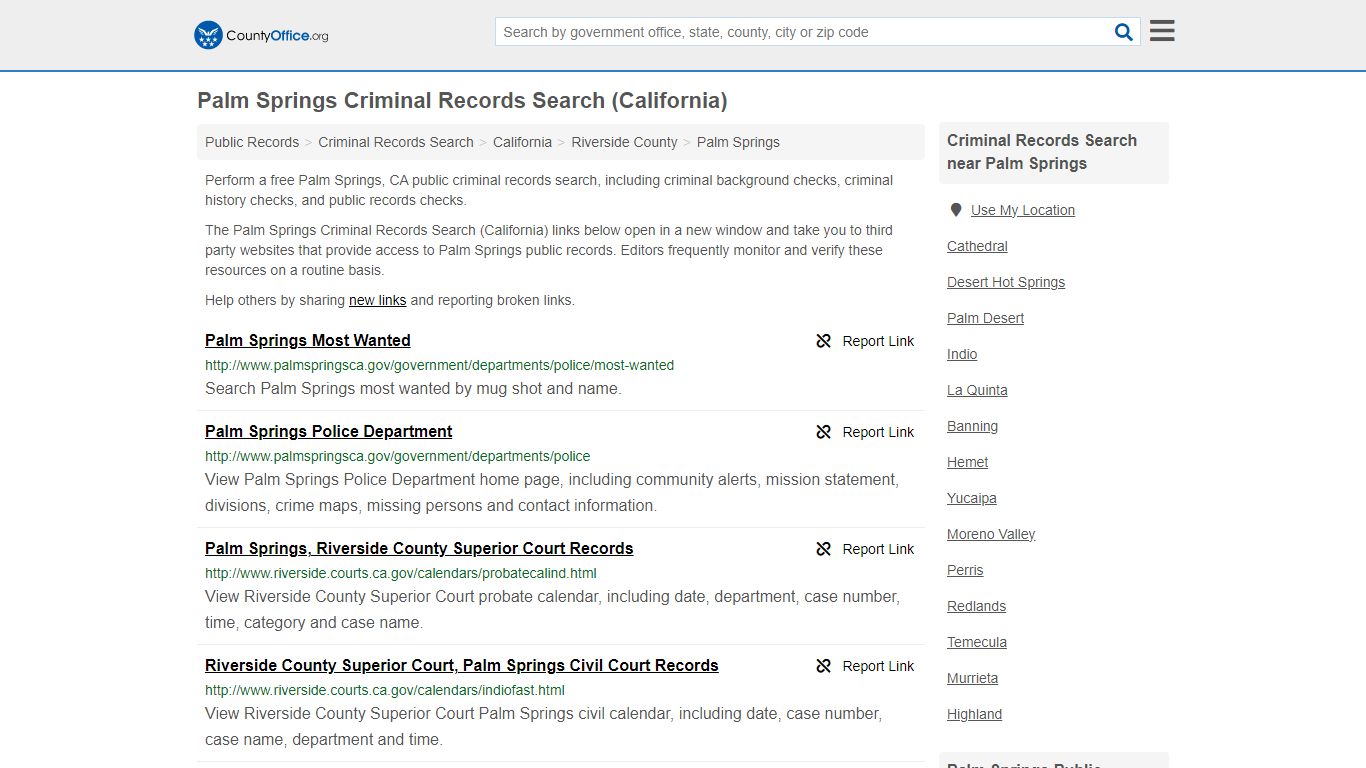 Palm Springs Criminal Records Search (California) - County Office